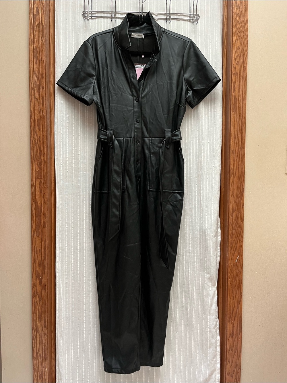 NWT Avec Les Filles Faux Leather Short Sleeve Jumpsuit Black Belted Romper M